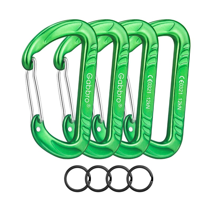 Gabbro Carabiner Clips Heavy Duty 12kN (2697 lbs), | 3.2 Inch, Aluminum, Wiregate Snap, Lightweight, 4 Pack | for Hammock, Hiking, Camping, Water Bottle, Dog Leash Harness, Keychains - Green - Image 1